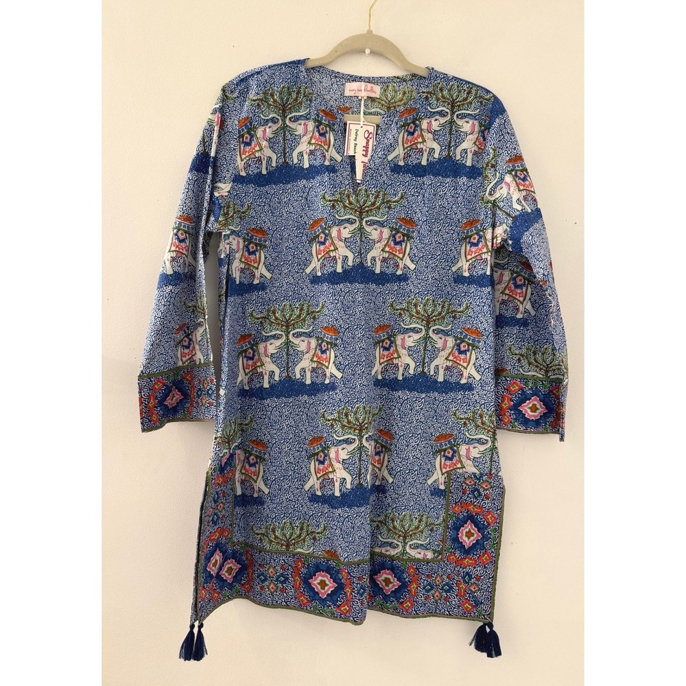 NWT Mary Marshmallow Classic Tunic Paige Blue Elephant Block Print Tassel Top M